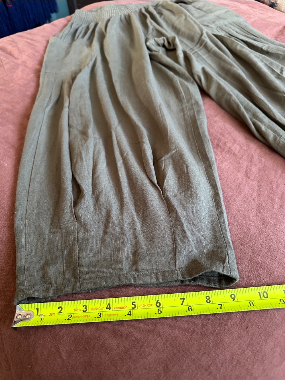 Olive Green Tapered Wide-Leg Pants w Large Side Pockets. Wide elastic waistband - Picture 6 of 12